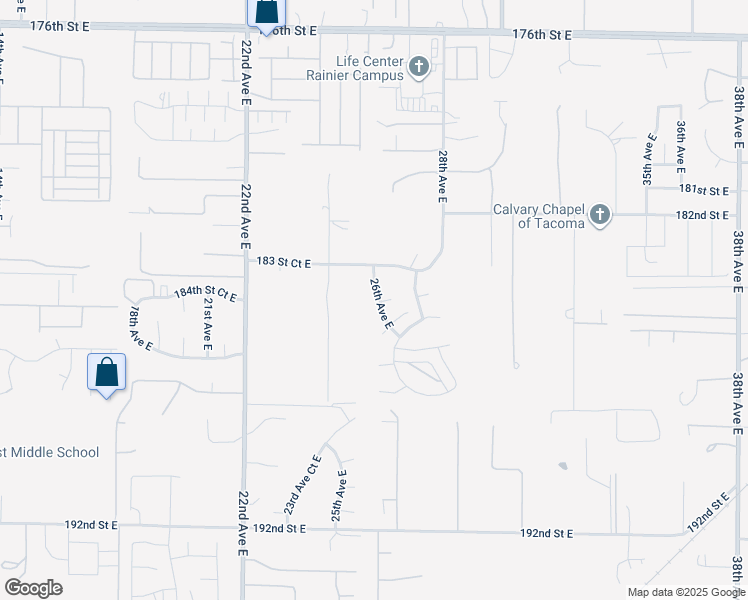 map of restaurants, bars, coffee shops, grocery stores, and more near 18404 26th Avenue East in Tacoma