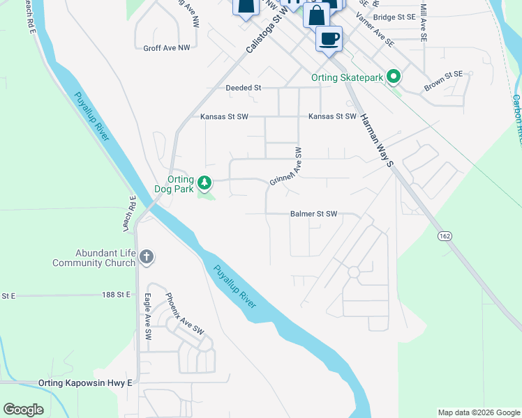map of restaurants, bars, coffee shops, grocery stores, and more near 513 Balmer Street Southwest in Orting