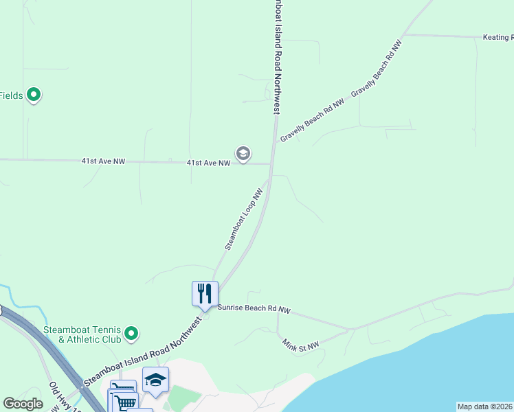 map of restaurants, bars, coffee shops, grocery stores, and more near 4018 Steamboat Island Road Northwest in Olympia