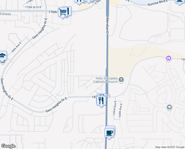map of restaurants, bars, coffee shops, grocery stores, and more near 10015 184th Street East in Puyallup