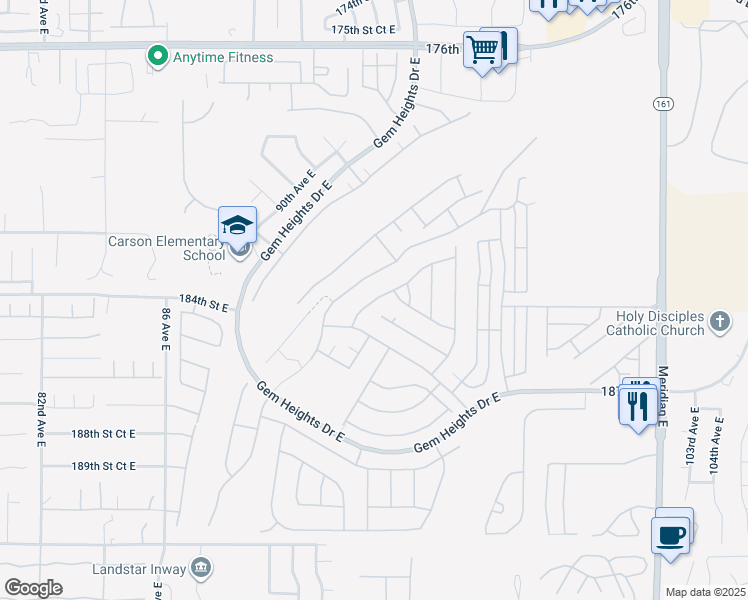 map of restaurants, bars, coffee shops, grocery stores, and more near 18521 94th Avenue East in Puyallup