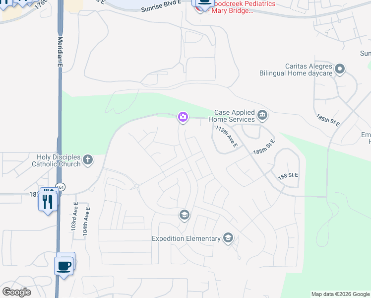 map of restaurants, bars, coffee shops, grocery stores, and more near 18332 110th Avenue East in Puyallup