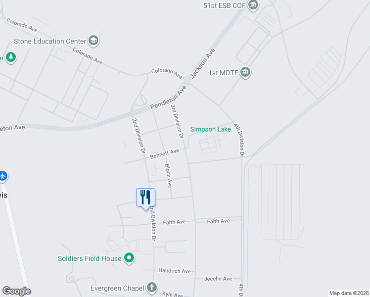 map of restaurants, bars, coffee shops, grocery stores, and more near 3rd Division Dr & Bennet Ave in Joint Base Lewis-McChord