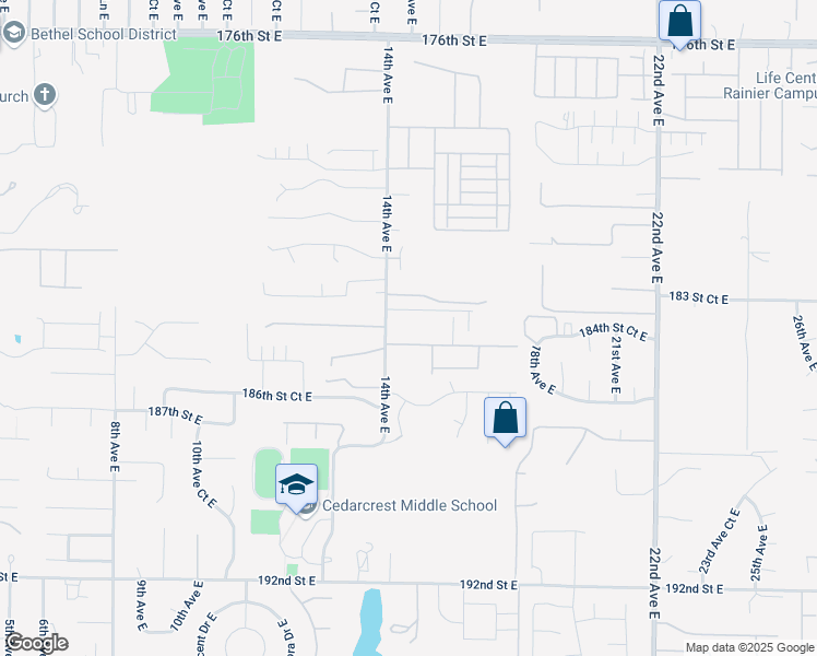 map of restaurants, bars, coffee shops, grocery stores, and more near 18415 14th Avenue East in Spanaway
