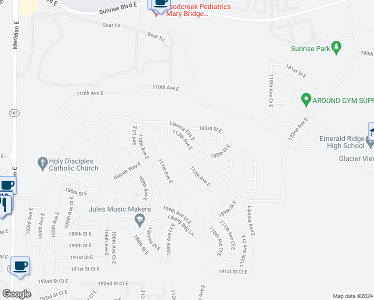 map of restaurants, bars, coffee shops, grocery stores, and more near 18324 113th Avenue East in Puyallup