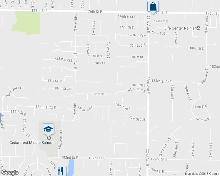 map of restaurants, bars, coffee shops, grocery stores, and more near 1713 185th Street East in Spanaway