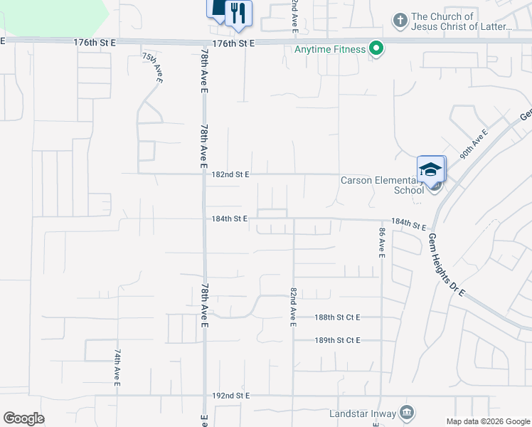 map of restaurants, bars, coffee shops, grocery stores, and more near 8008 183rd Street Court East in Puyallup