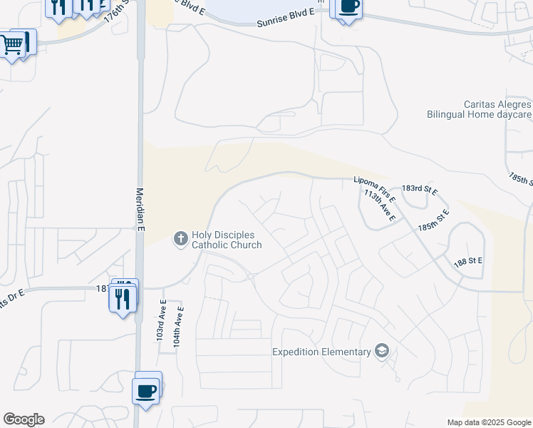map of restaurants, bars, coffee shops, grocery stores, and more near 10713 183rd Street Court East in Puyallup