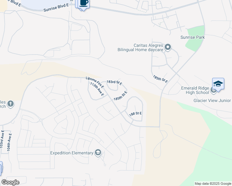 map of restaurants, bars, coffee shops, grocery stores, and more near 11434 184th Street Court East in Puyallup