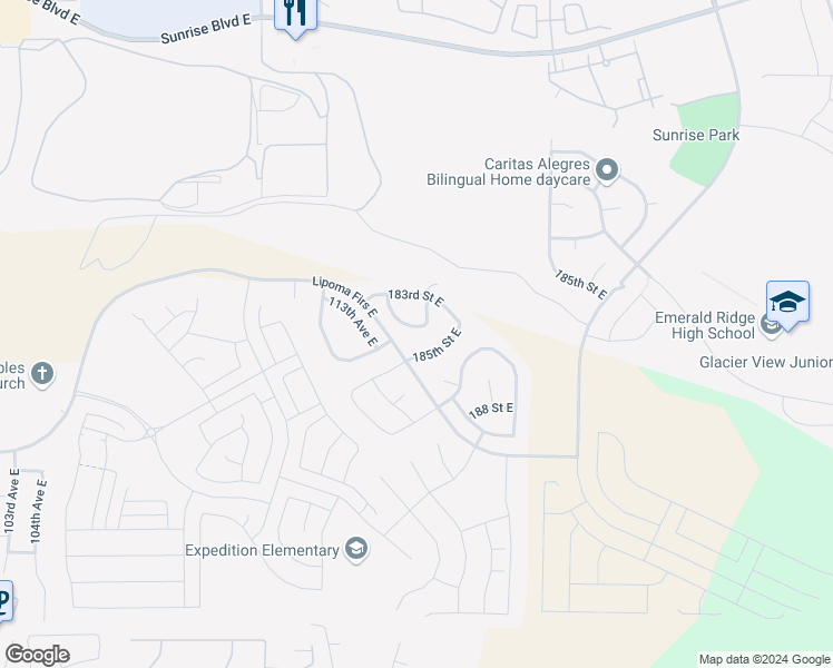 map of restaurants, bars, coffee shops, grocery stores, and more near 11430 184th Street Court East in Puyallup