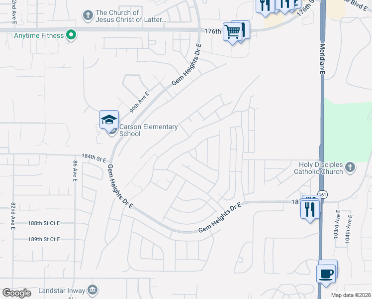 map of restaurants, bars, coffee shops, grocery stores, and more near 18502 94th Avenue East in Puyallup
