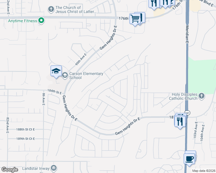 map of restaurants, bars, coffee shops, grocery stores, and more near 18502 94th Avenue East in Puyallup