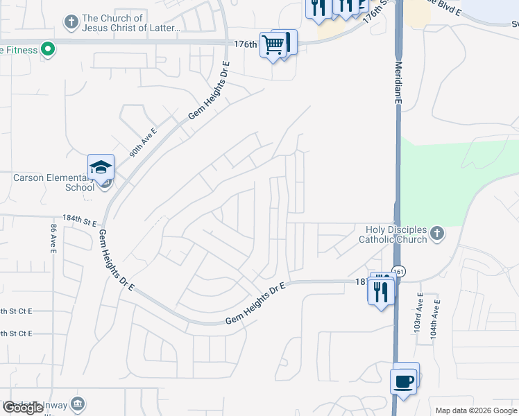 map of restaurants, bars, coffee shops, grocery stores, and more near 18421 95th Avenue Court East in Puyallup