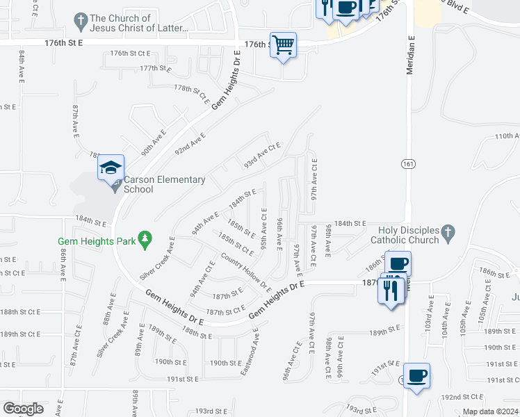 map of restaurants, bars, coffee shops, grocery stores, and more near 18420 95th Avenue Court East in Puyallup