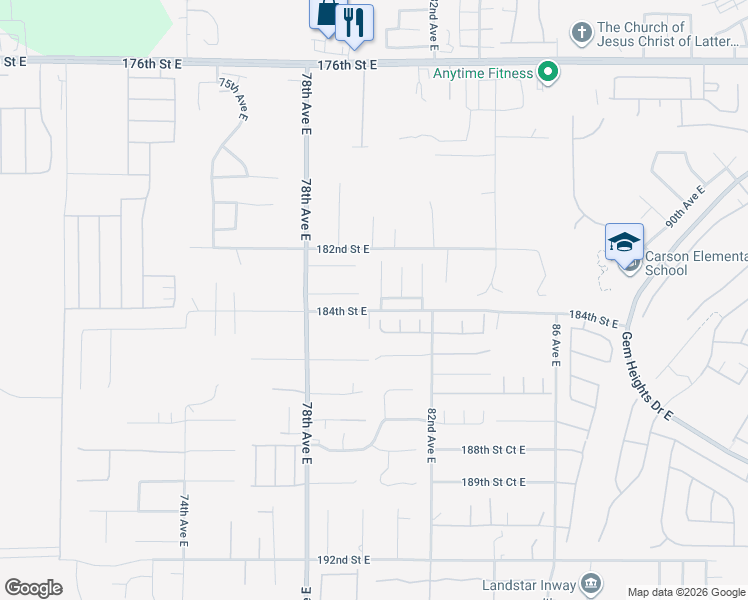 map of restaurants, bars, coffee shops, grocery stores, and more near 8008 183rd Street Court East in Puyallup
