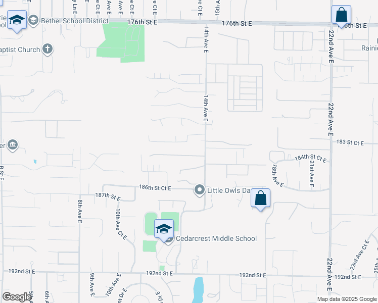map of restaurants, bars, coffee shops, grocery stores, and more near 18404 14th Avenue East in Spanaway