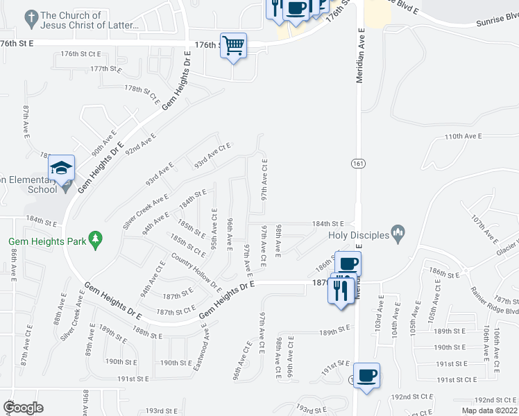 map of restaurants, bars, coffee shops, grocery stores, and more near 18238 97th Avenue Court East in Puyallup