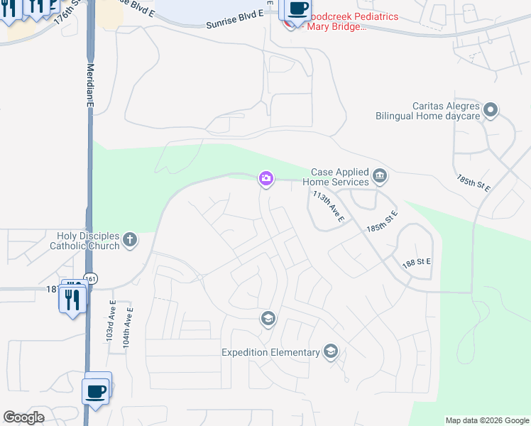 map of restaurants, bars, coffee shops, grocery stores, and more near 18332 110th Avenue East in Puyallup