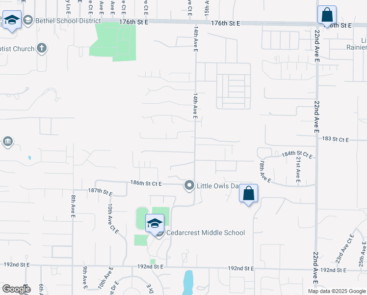 map of restaurants, bars, coffee shops, grocery stores, and more near 18404 14th Avenue East in Spanaway