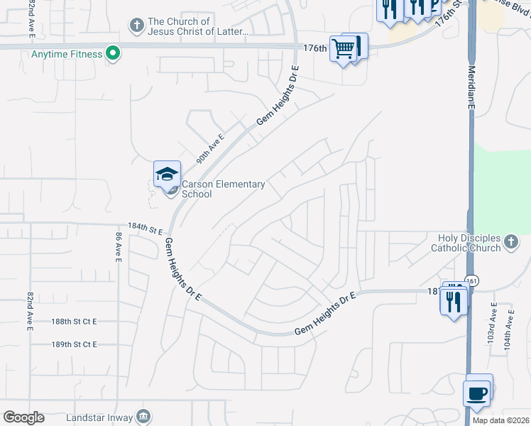 map of restaurants, bars, coffee shops, grocery stores, and more near 18502 94th Avenue East in Puyallup