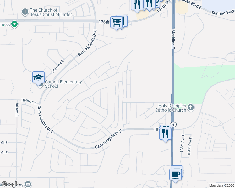 map of restaurants, bars, coffee shops, grocery stores, and more near 18232 97th Avenue East in Puyallup