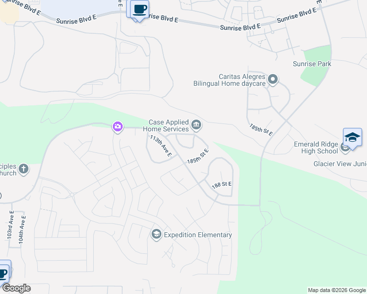map of restaurants, bars, coffee shops, grocery stores, and more near 11418 184th Street Court East in Puyallup