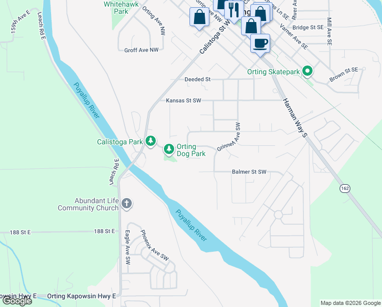 map of restaurants, bars, coffee shops, grocery stores, and more near 804 Belfair Avenue Southwest in Orting