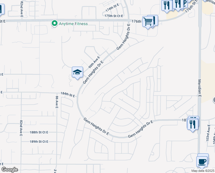 map of restaurants, bars, coffee shops, grocery stores, and more near 18219 93rd Avenue East in Puyallup