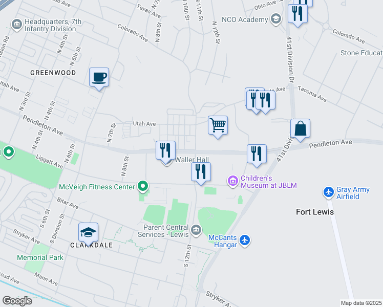 map of restaurants, bars, coffee shops, grocery stores, and more near Pendleton Avenue in Fort Lewis