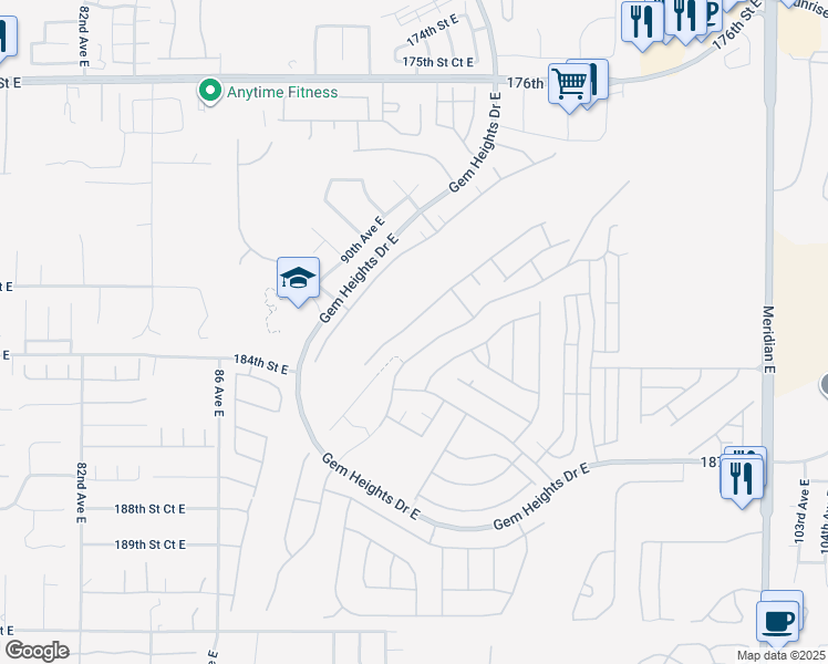 map of restaurants, bars, coffee shops, grocery stores, and more near 18219 93rd Avenue East in Puyallup