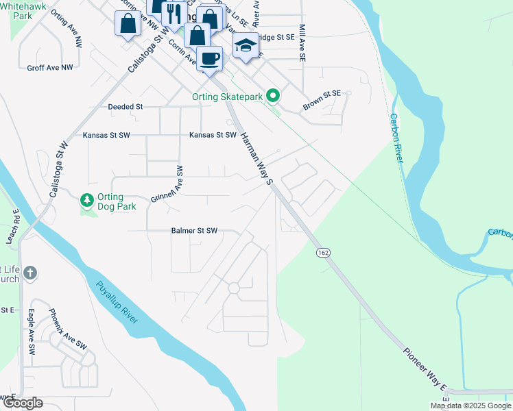map of restaurants, bars, coffee shops, grocery stores, and more near 109 Beckett Lane Southwest in Orting