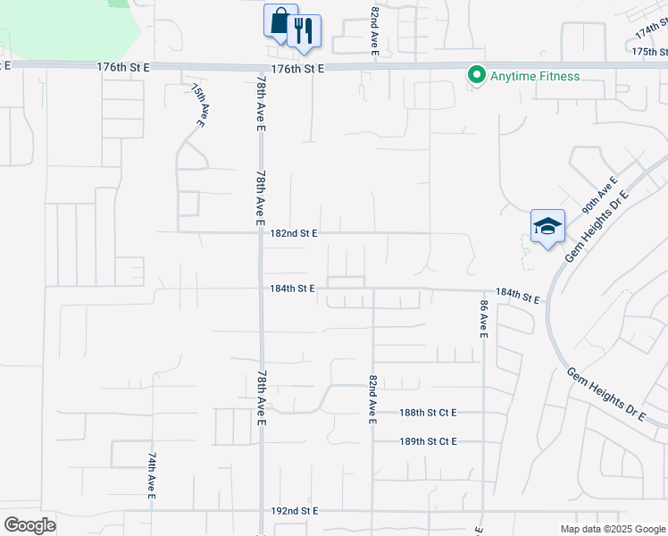 map of restaurants, bars, coffee shops, grocery stores, and more near 18307 80th Avenue East in Puyallup