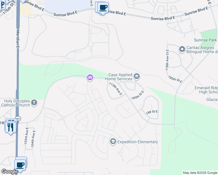 map of restaurants, bars, coffee shops, grocery stores, and more near 18211 111th Avenue Court East in Puyallup