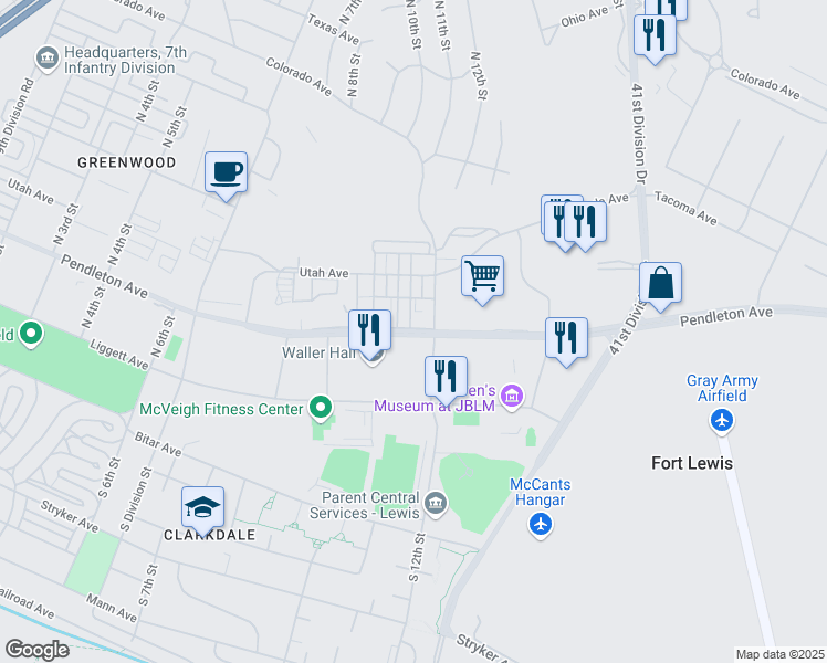 map of restaurants, bars, coffee shops, grocery stores, and more near Pendleton Avenue in Fort Lewis