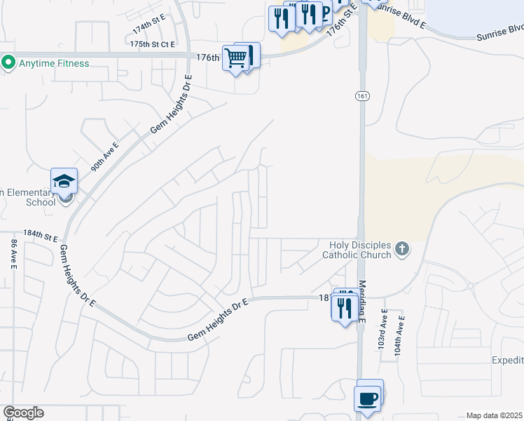 map of restaurants, bars, coffee shops, grocery stores, and more near 18214 97th Avenue Court East in Puyallup