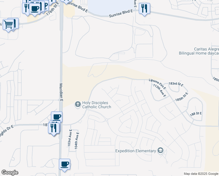 map of restaurants, bars, coffee shops, grocery stores, and more near 10713 183rd Street Court East in Puyallup