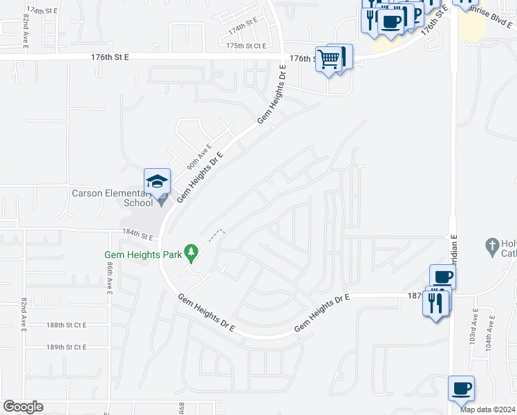 map of restaurants, bars, coffee shops, grocery stores, and more near 18024 Silver Creek Avenue East in Puyallup