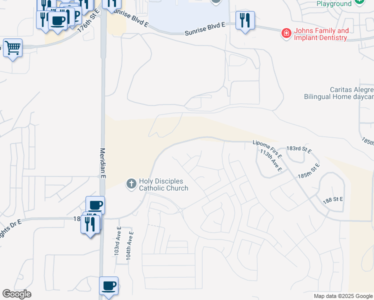 map of restaurants, bars, coffee shops, grocery stores, and more near 18002 Lipoma Firs East in Puyallup