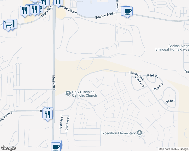 map of restaurants, bars, coffee shops, grocery stores, and more near 18002 Lipoma Firs East in Puyallup