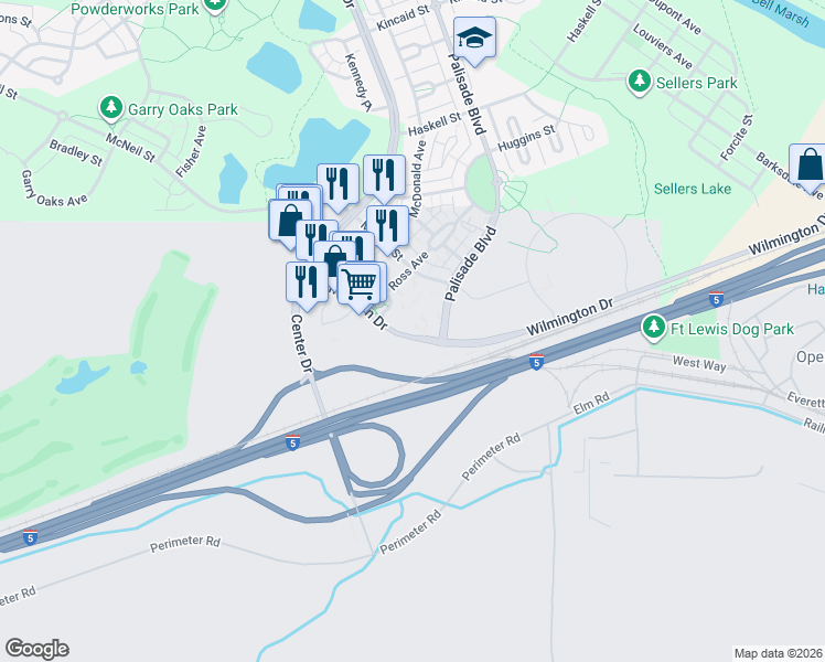 map of restaurants, bars, coffee shops, grocery stores, and more near Unnamed Road in DuPont