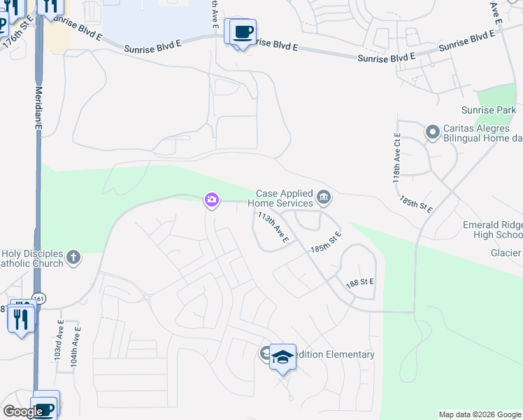 map of restaurants, bars, coffee shops, grocery stores, and more near 18201 113th Avenue East in Puyallup