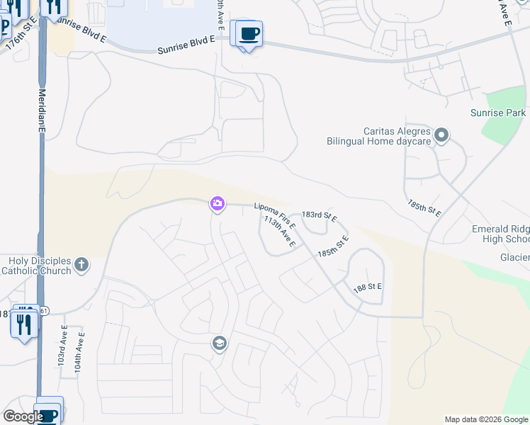 map of restaurants, bars, coffee shops, grocery stores, and more near 18201 113th Avenue East in Puyallup