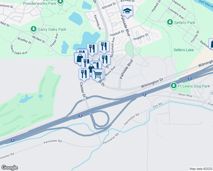 map of restaurants, bars, coffee shops, grocery stores, and more near Unnamed Road in DuPont