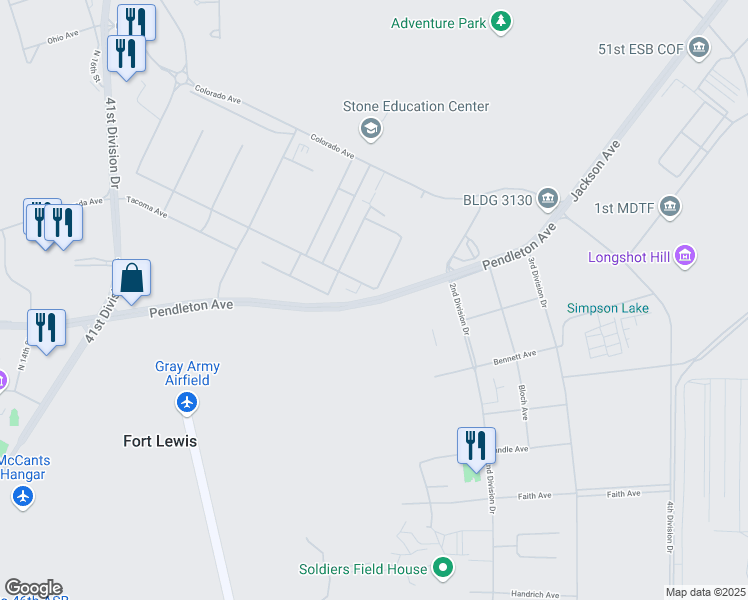 map of restaurants, bars, coffee shops, grocery stores, and more near 2nd Division Drive in Joint Base Lewis-McChord