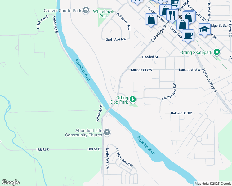 map of restaurants, bars, coffee shops, grocery stores, and more near 702 Teetor Circle Northwest in Orting