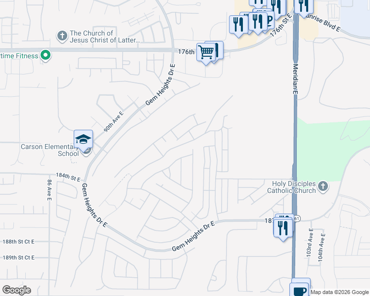 map of restaurants, bars, coffee shops, grocery stores, and more near 17811 Silver Creek Avenue East in Puyallup