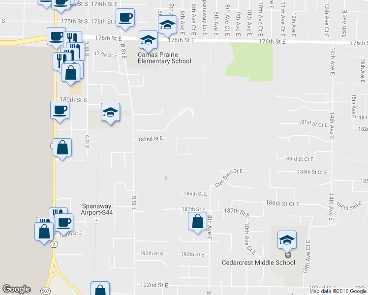 map of restaurants, bars, coffee shops, grocery stores, and more near 18216 6th Avenue Court East in Spanaway