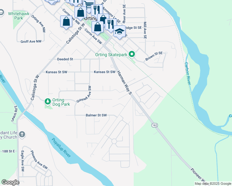map of restaurants, bars, coffee shops, grocery stores, and more near 105 Erickson Lane Southwest in Orting