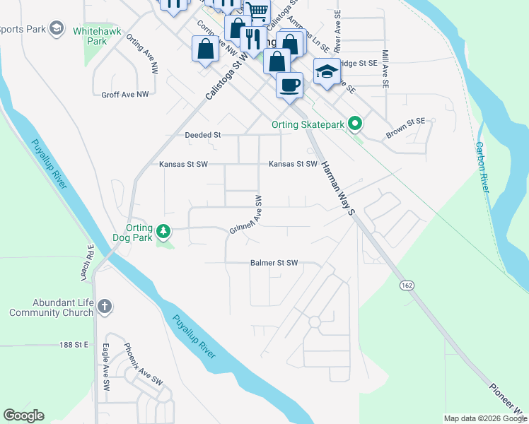 map of restaurants, bars, coffee shops, grocery stores, and more near 702 Grinnell Avenue Southwest in Orting