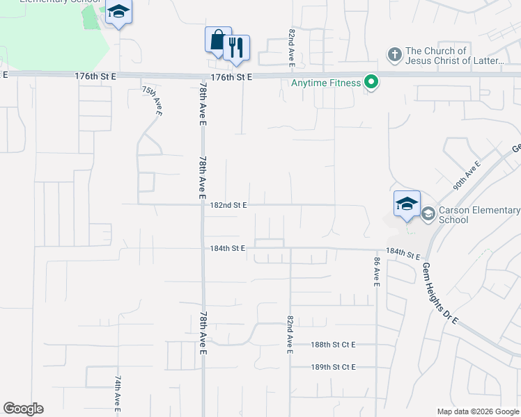 map of restaurants, bars, coffee shops, grocery stores, and more near 18209 80th Avenue East in Puyallup